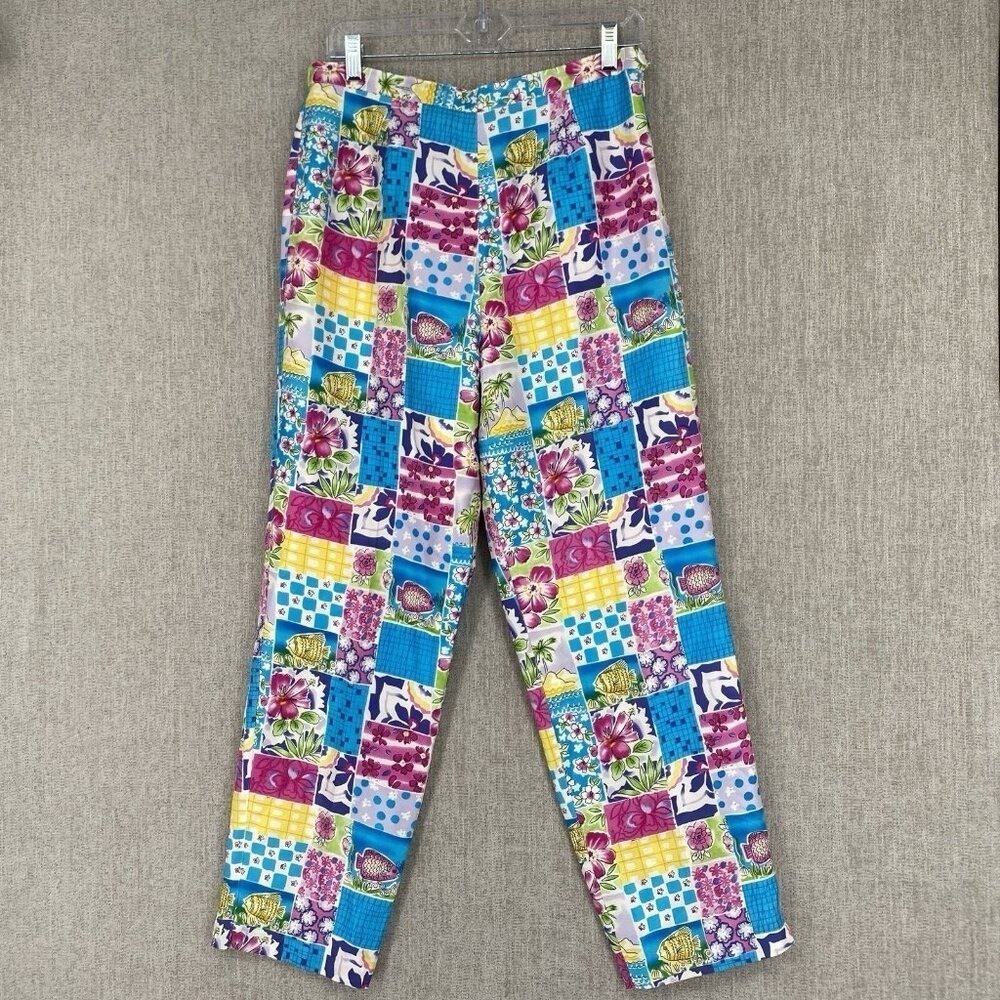 SILKLAND Vintage Tropical Fish Patchwork Silk Pants 10 High‎ Rise Straight